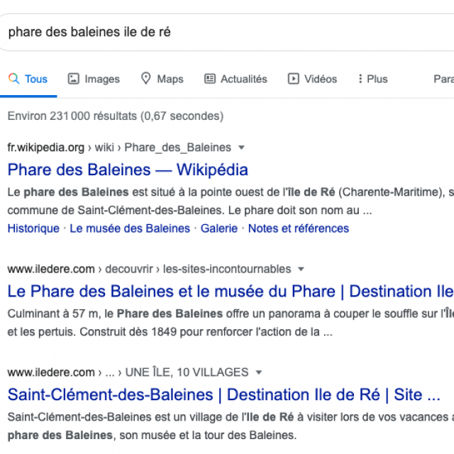 Résultat Google recherche phare des baleine Ile de Ré